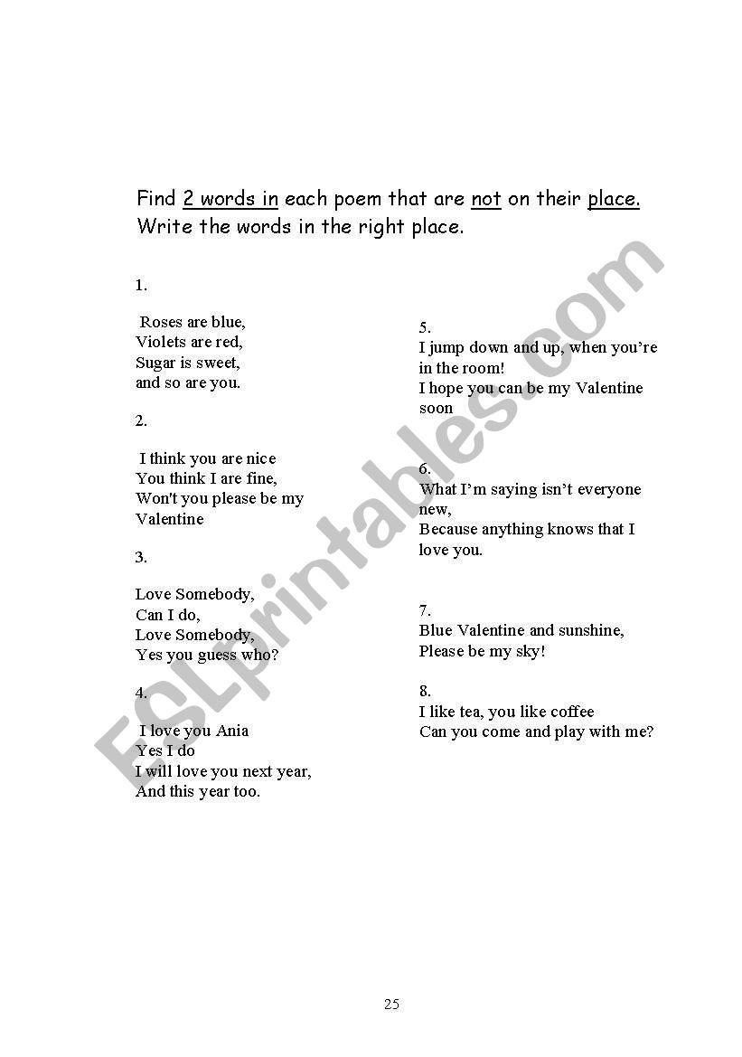 Valentines poems worksheet