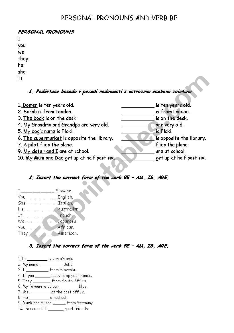 PERSONAL PRONOUNS AND VERB BE worksheet