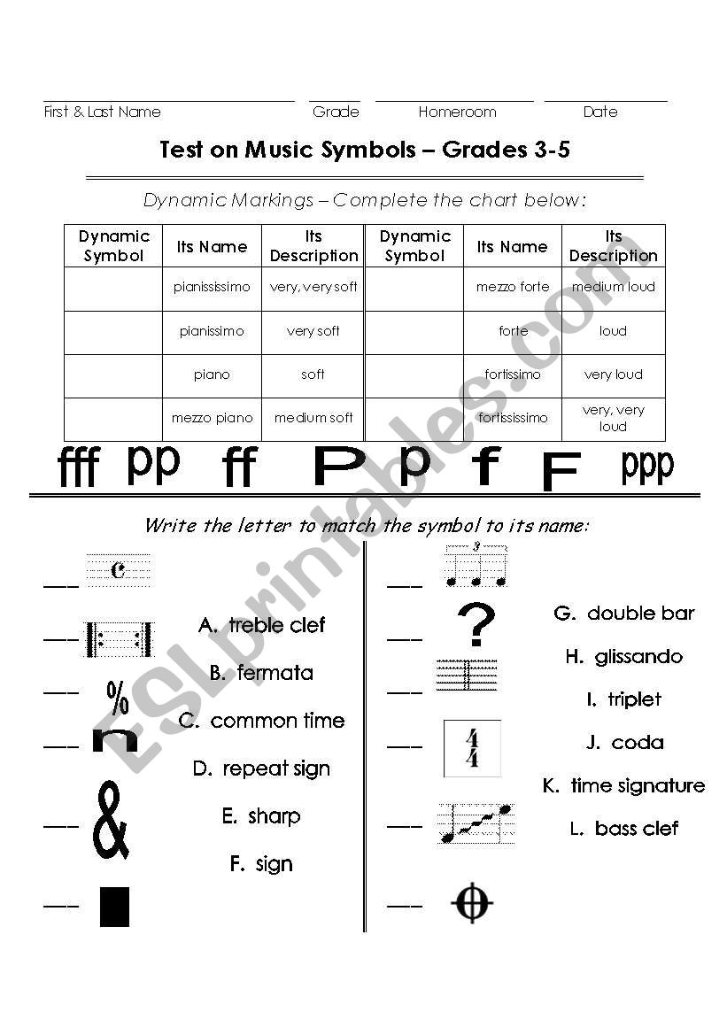 Test on Music Symbols Grades 3-5