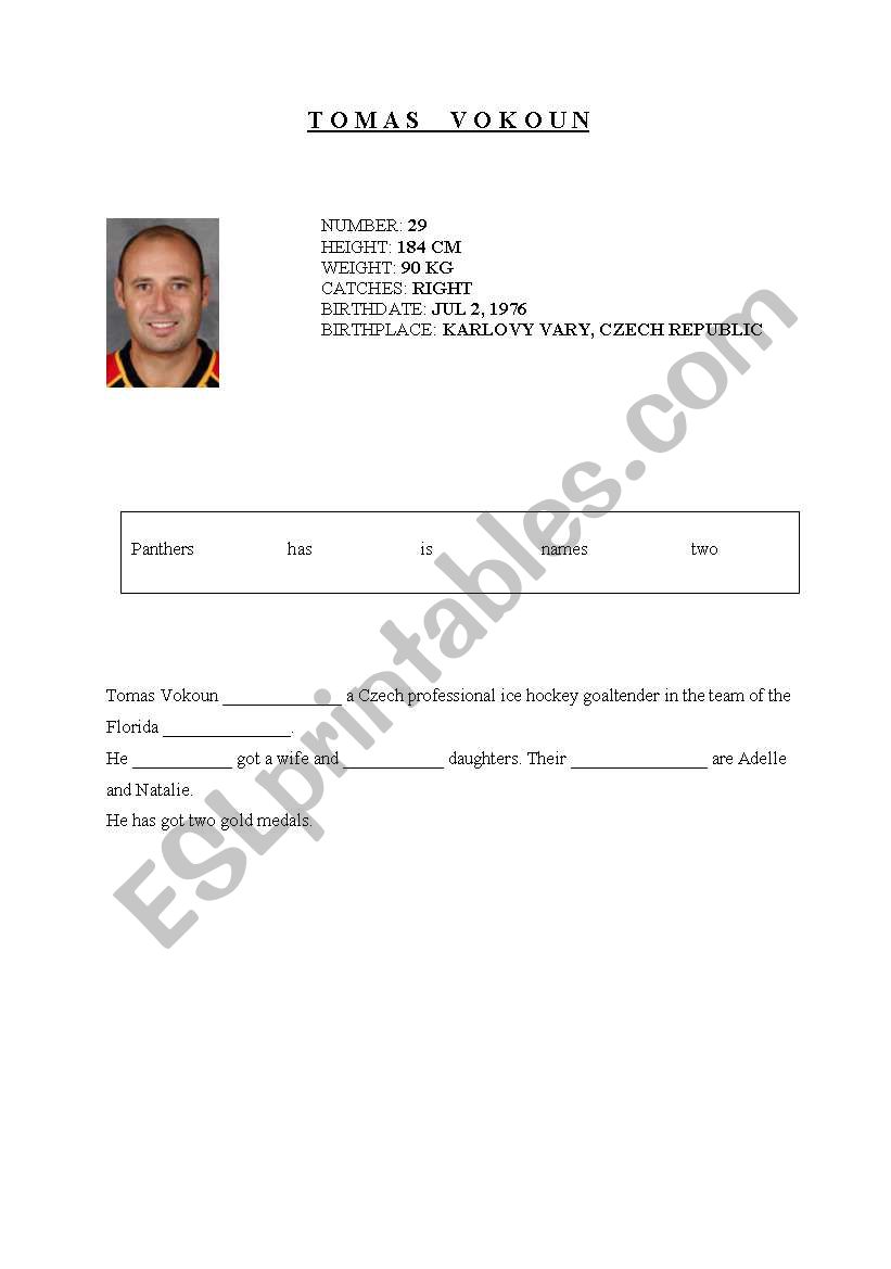 Ice hockey - Tomas Vokoun worksheet