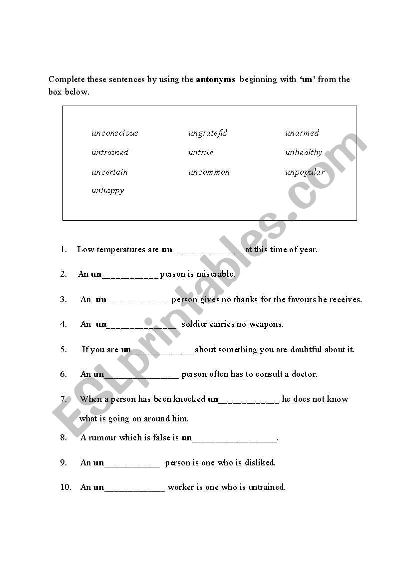 The Prefix Un worksheet