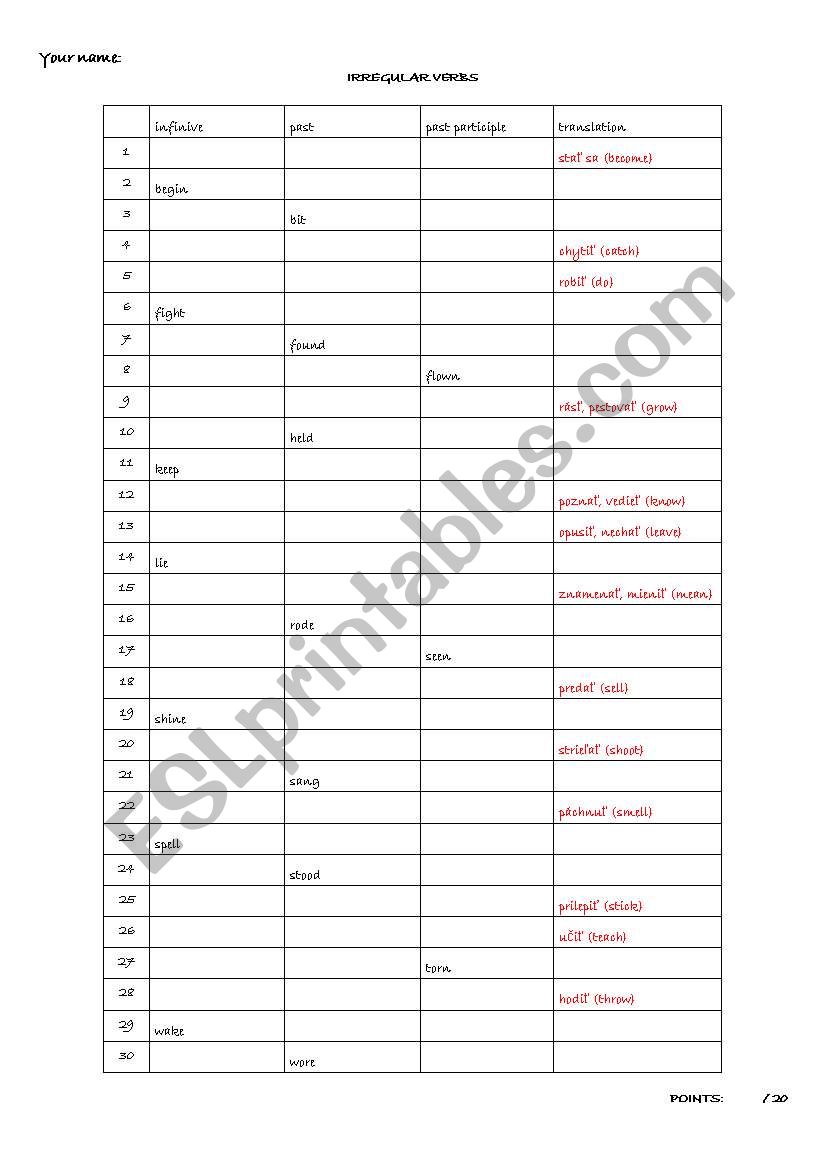 irregular verbs - test worksheet