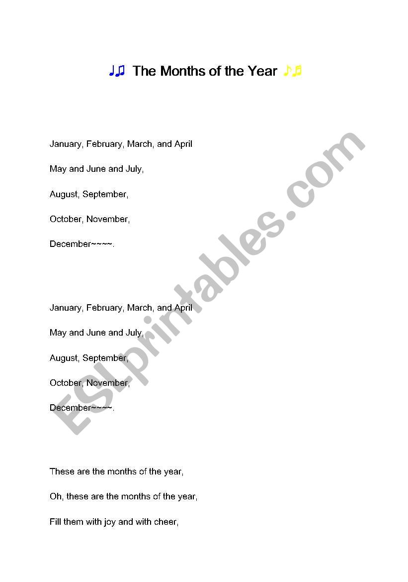 the months of year song worksheet