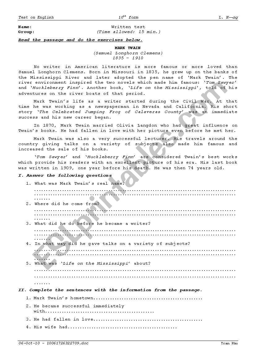 Mark Twain 2 worksheet