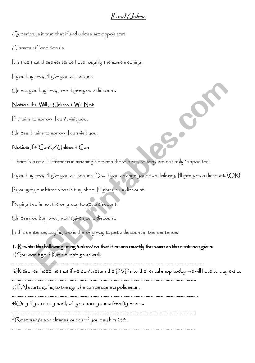 if  and unless worksheet