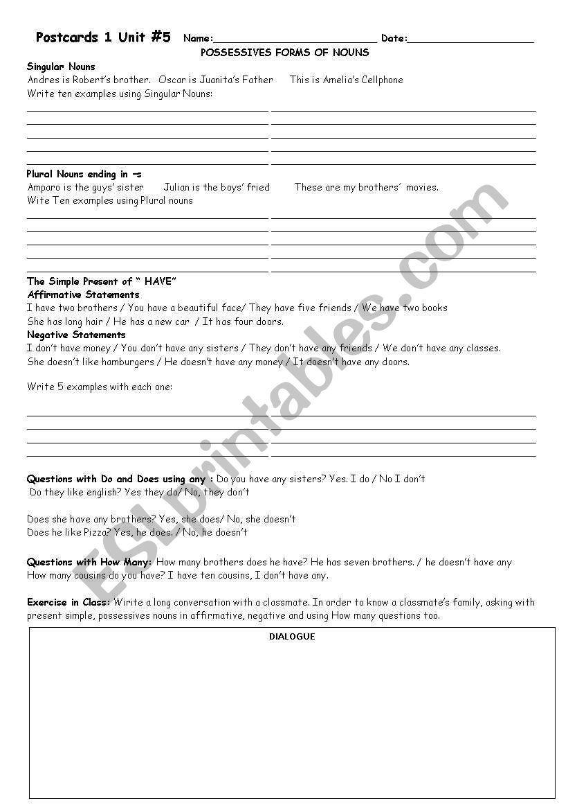 postcards worksheet