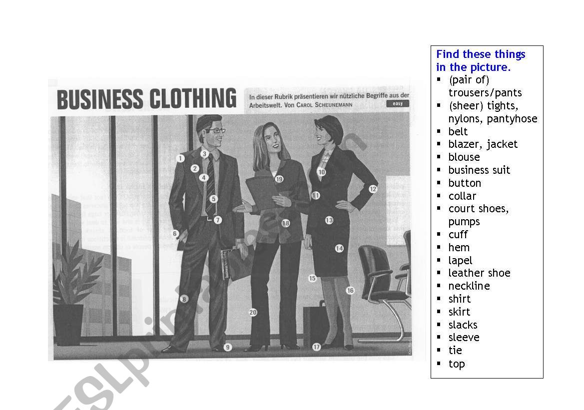 Business Clothing worksheet