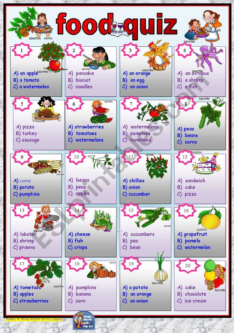 Food quiz -multiple choice with key. 