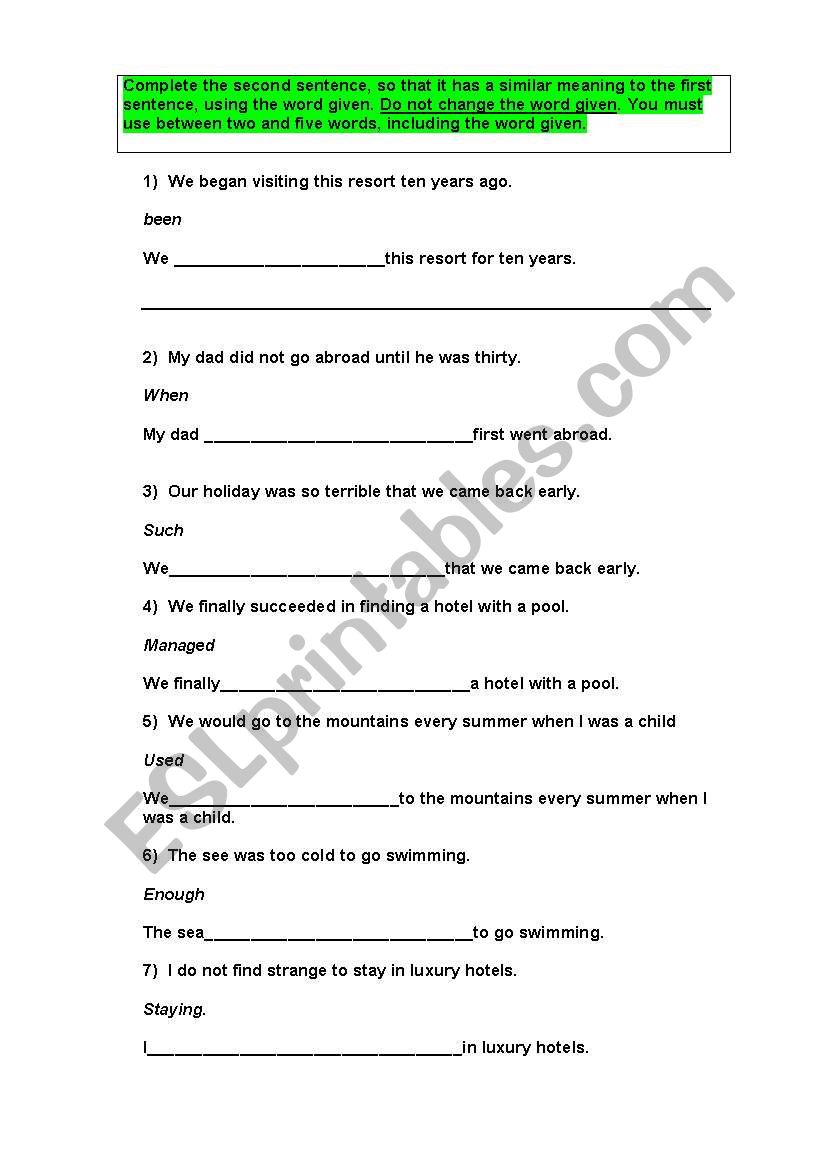Complete the second sentence worksheet