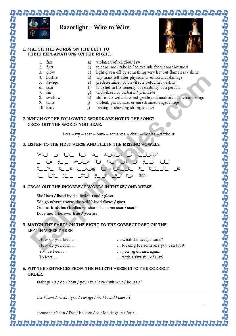 Razorlight - Wire to Wire - Song worksheet