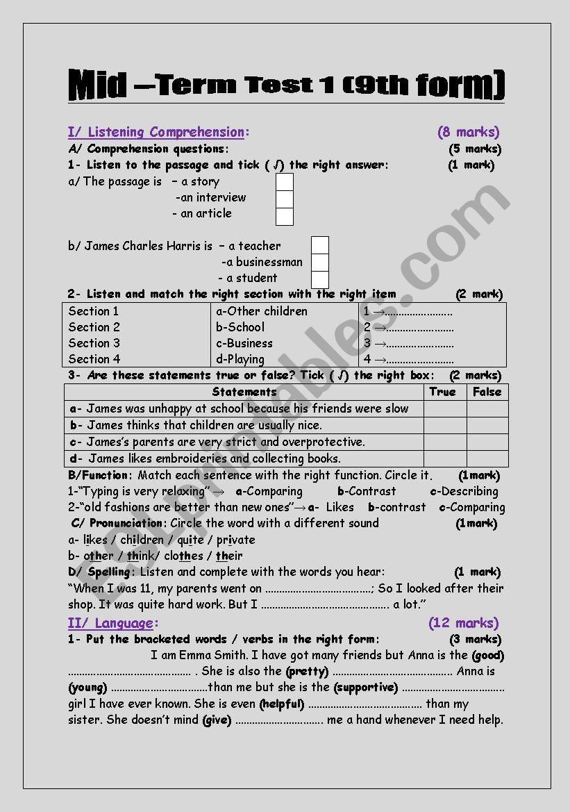 Mid Term Test 1  (9th form) worksheet