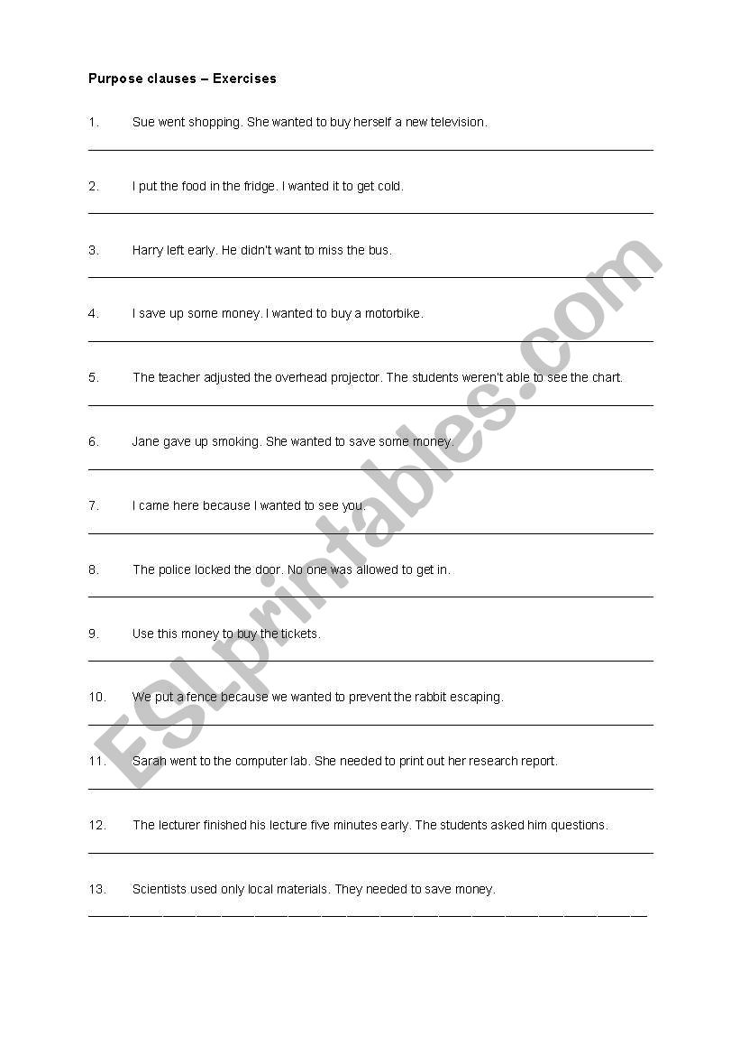 Purpose clauses 1 worksheet