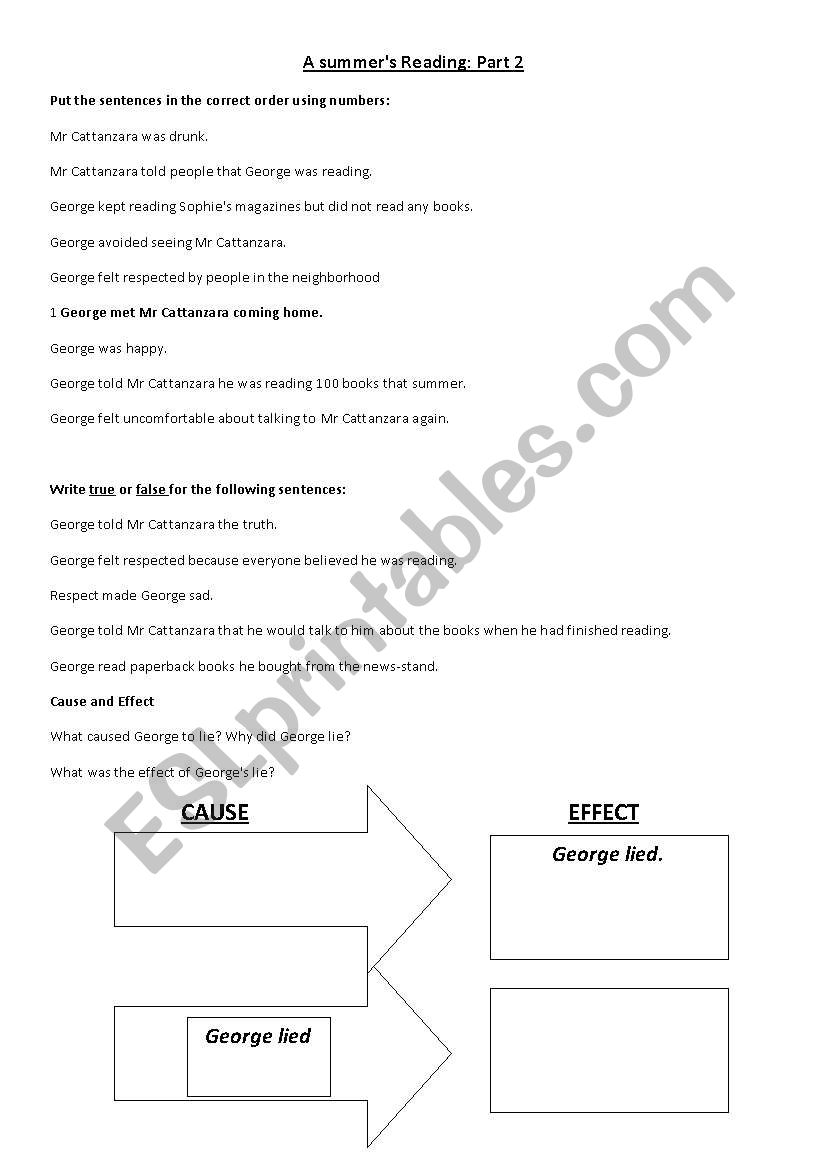 Literature worksheet for A summers reading 2