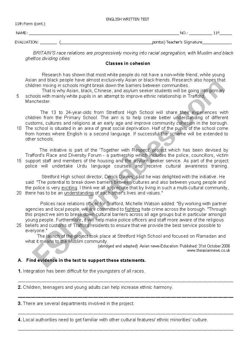 classes in cohesion worksheet