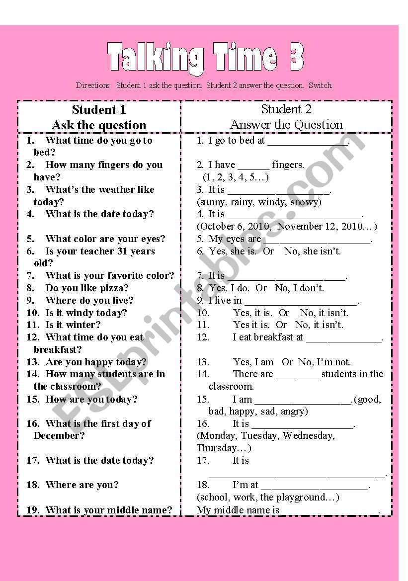 Talking Time 3 worksheet