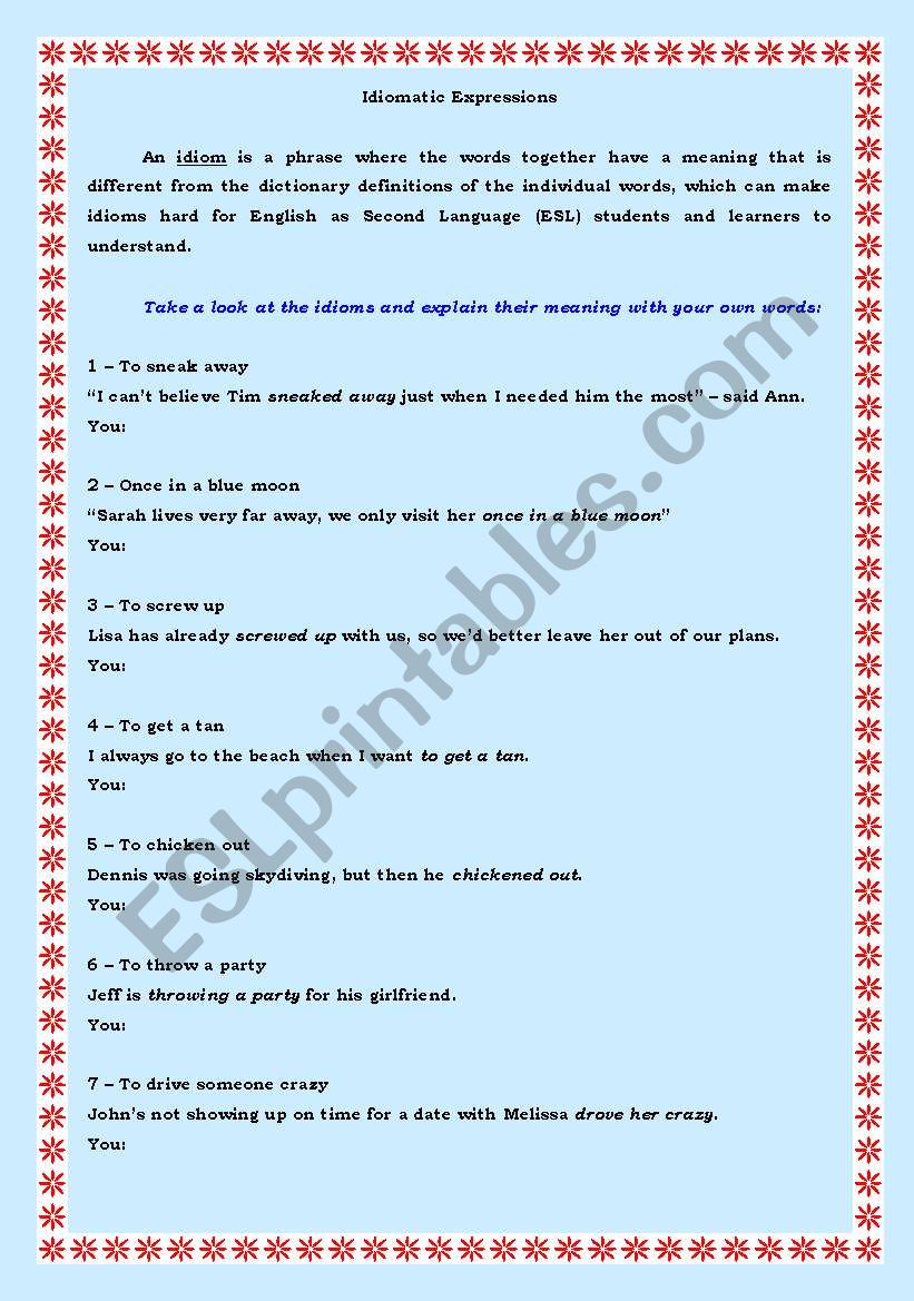 Idioms - make up sentences worksheet