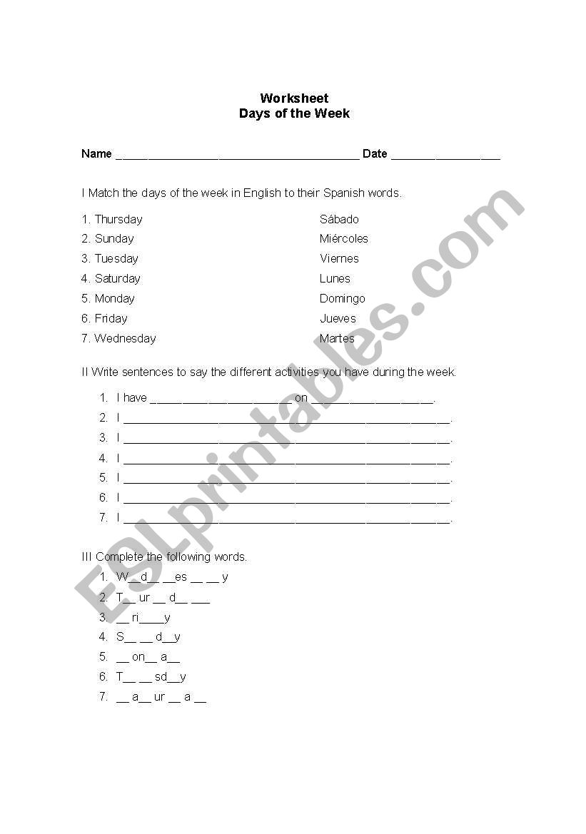 days of the week worksheet