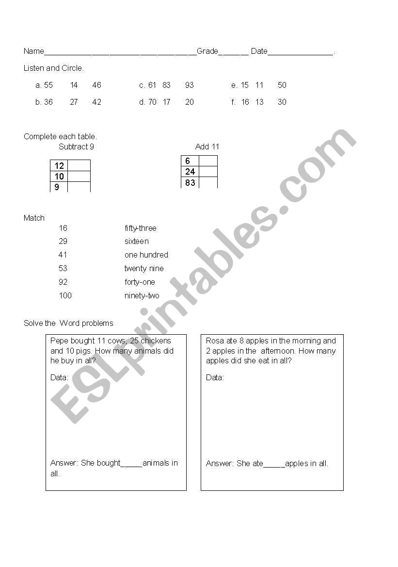 The numbers worksheet