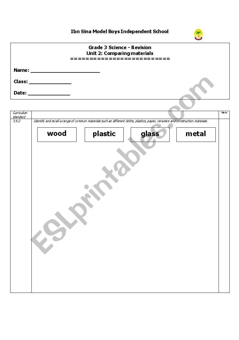 MATERIALS worksheet