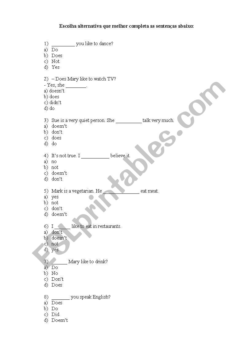 Quiz about do and does worksheet