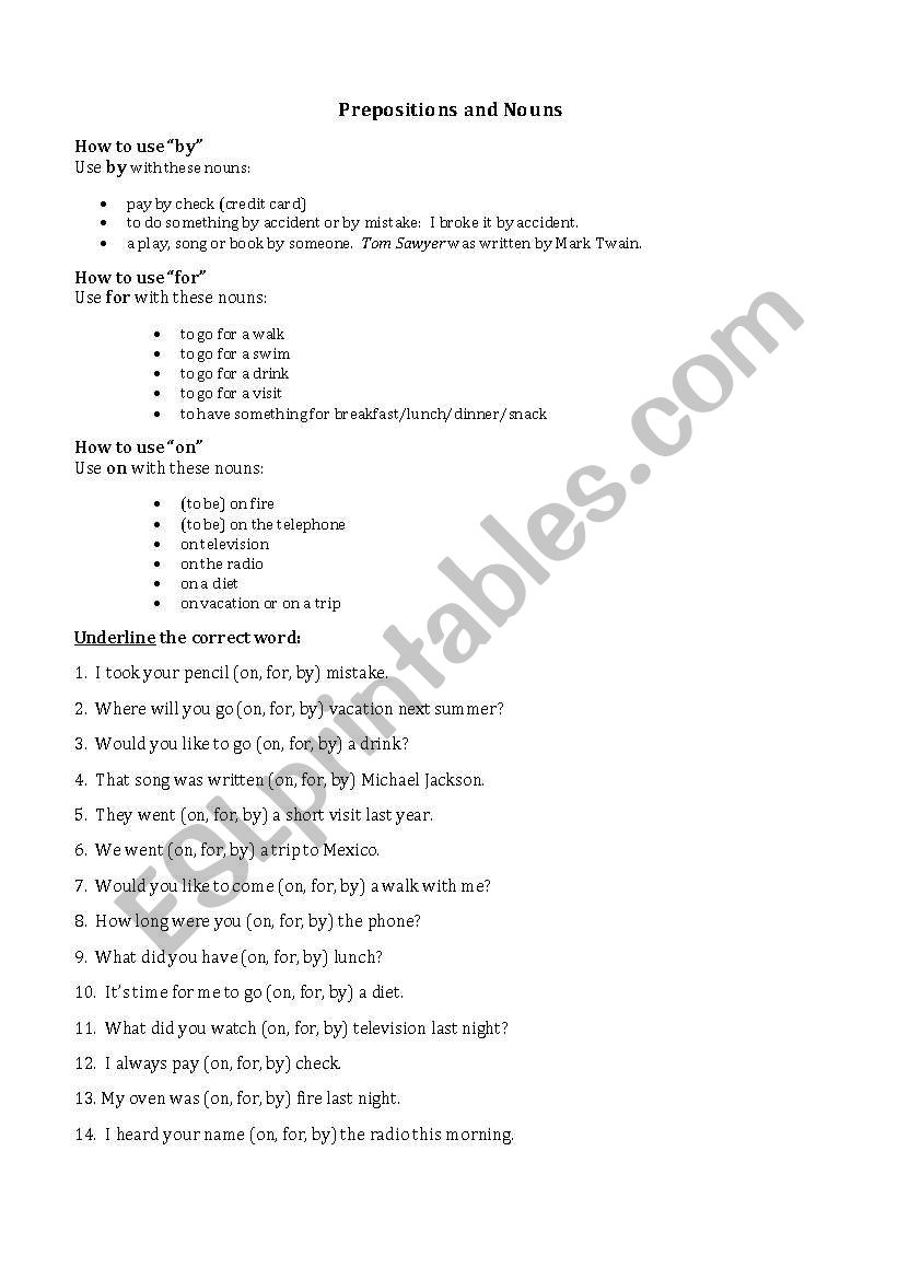 Prepositions and Nouns worksheet