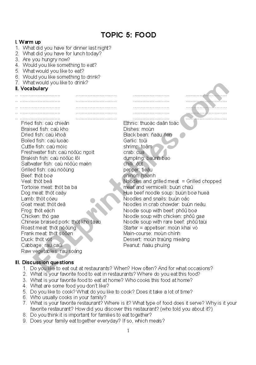 food and daily routine worksheet