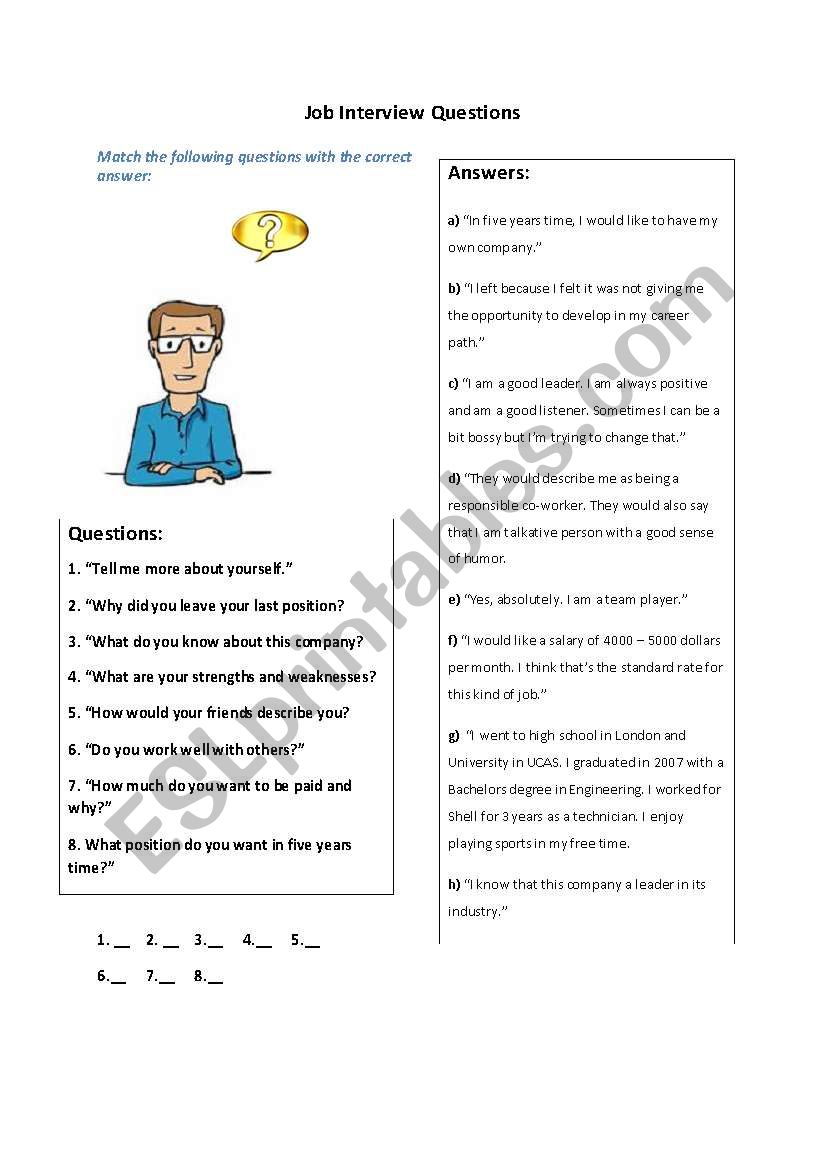 Job Interview Questions - Matching Worksheet