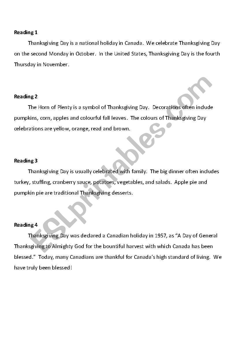 Canadas Thanksgiving Day worksheet
