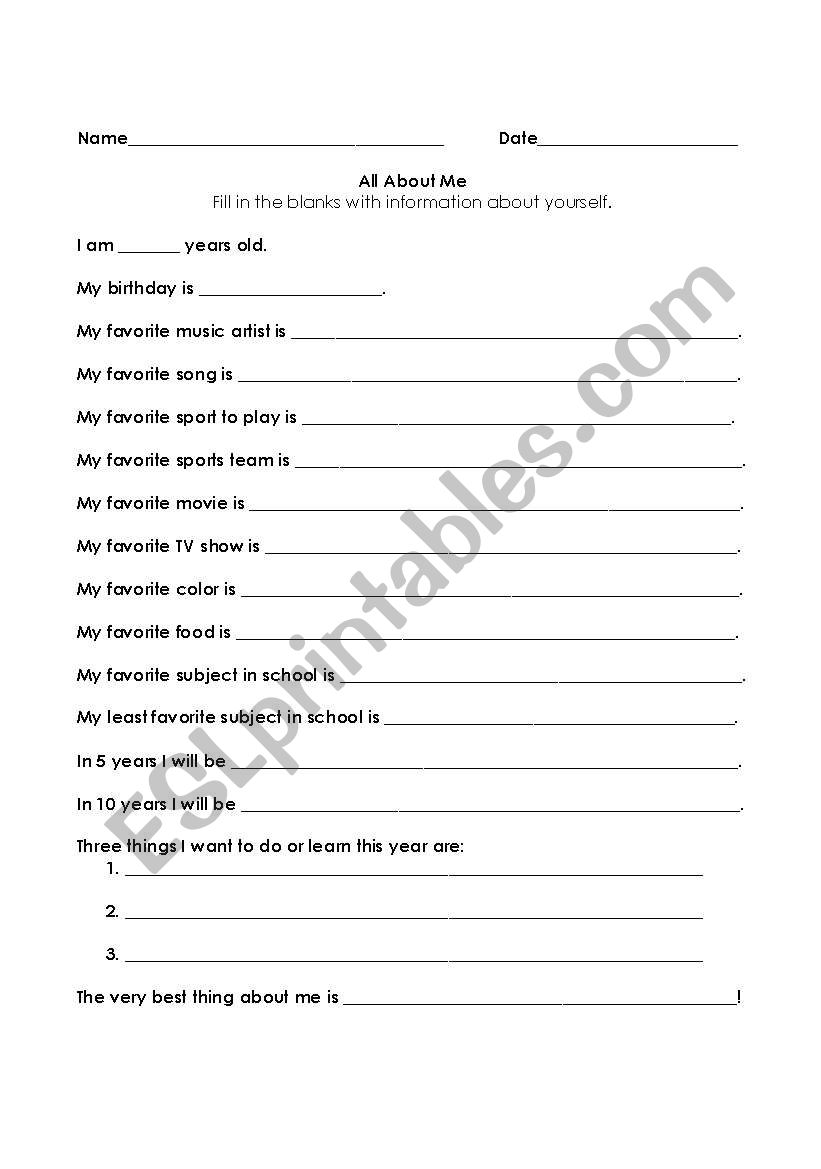 All About Me Intro Survey worksheet