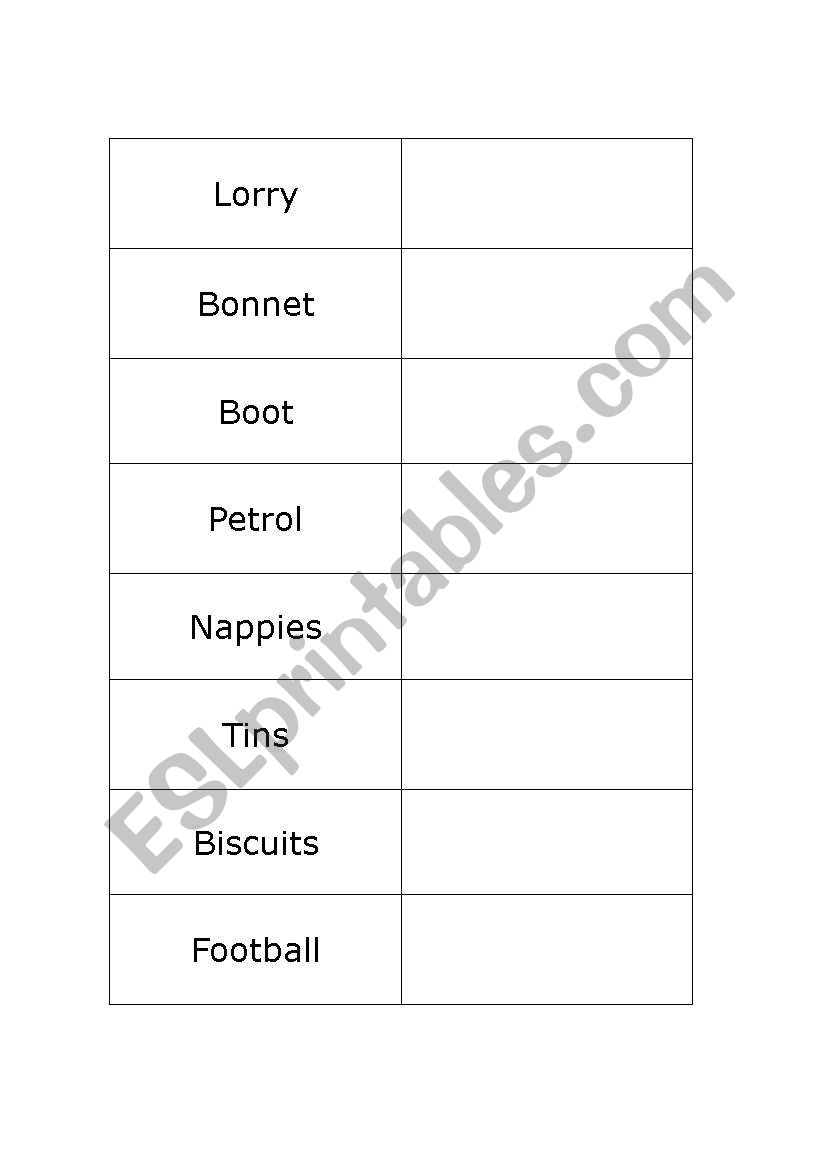 American vs. British English Concentration cards