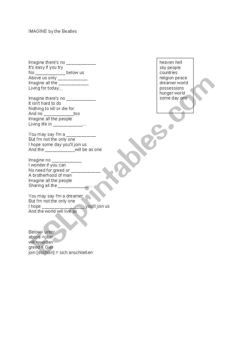 Imagine by the Beatles worksheet