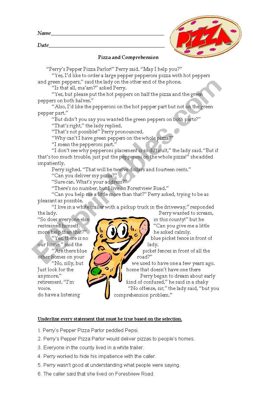 Pizza and Comprehension worksheet