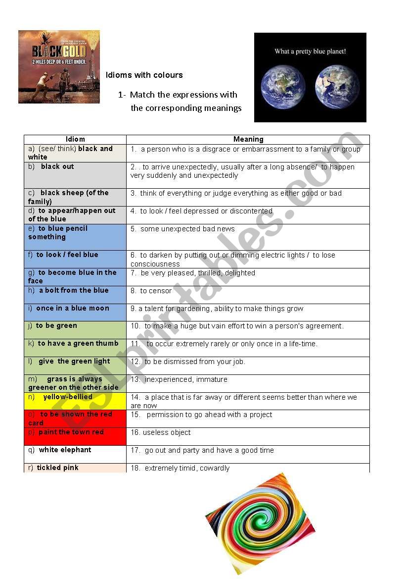 Idioms with colours with key worksheet