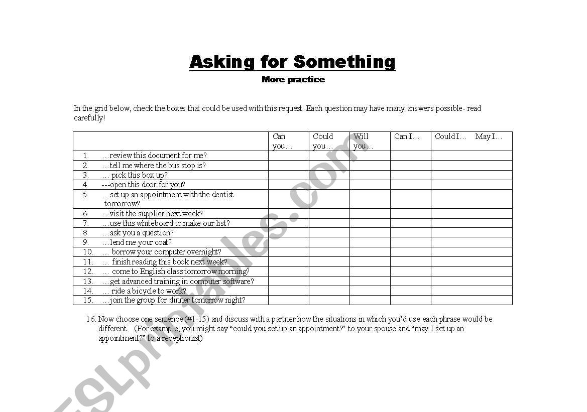 Asking for Something practice grid and answer key