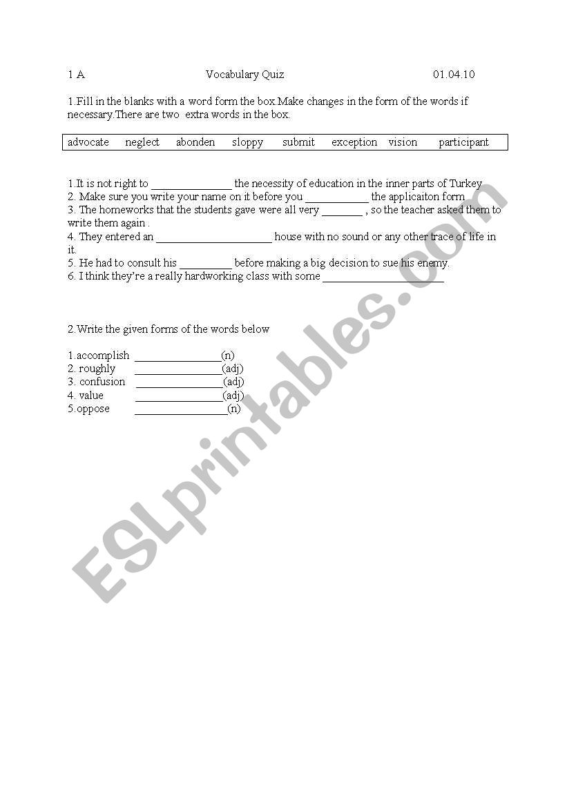 Vocab Quiz worksheet