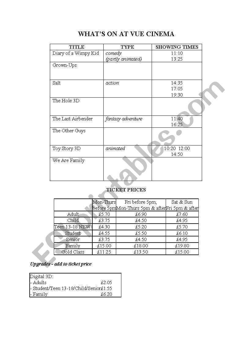 Whats On at Vue worksheet