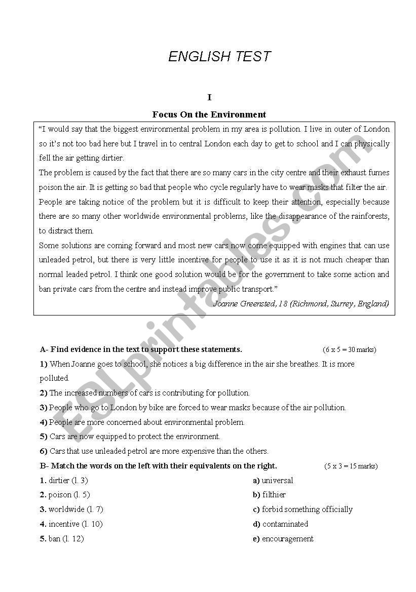 Focus on Environment- TEST worksheet