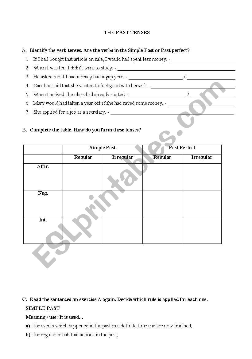 Past tenses worksheet