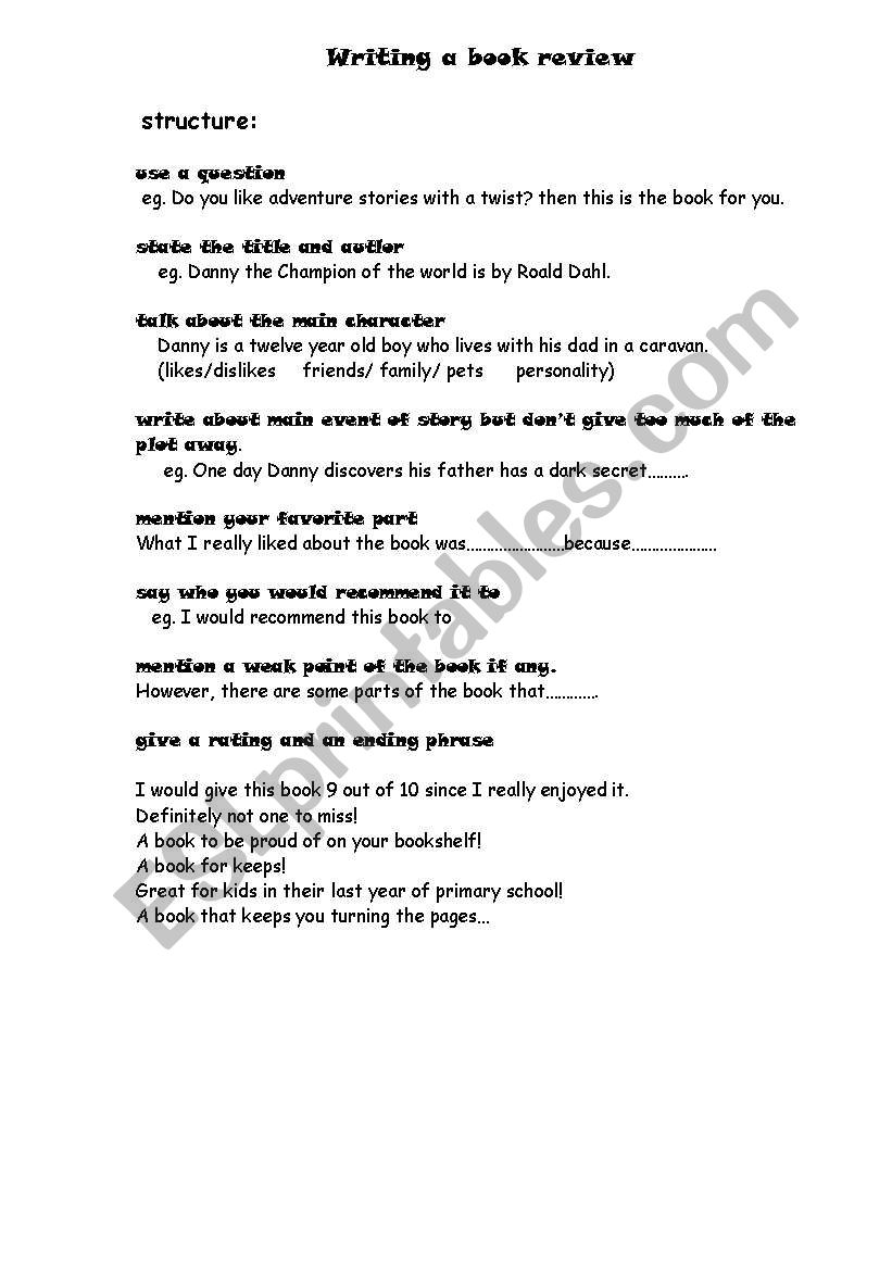 writing a book review worksheet