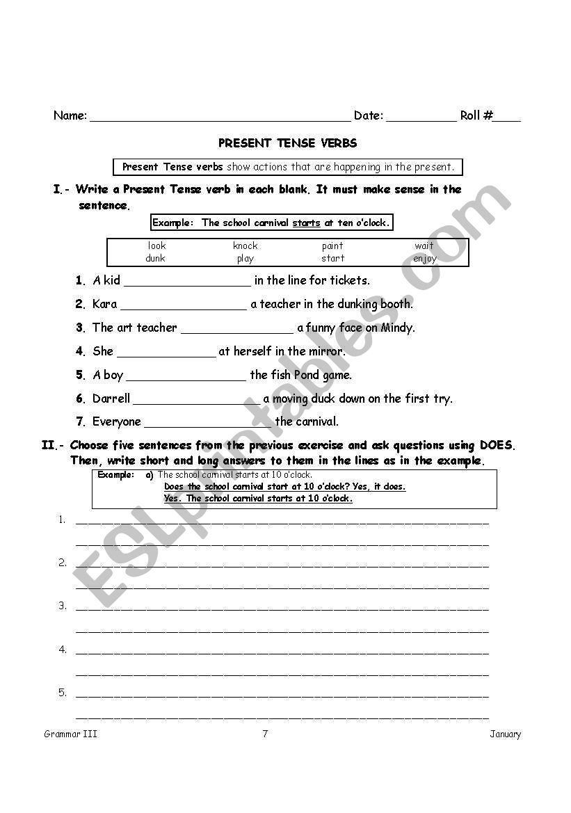 Present Tense Verbs worksheet