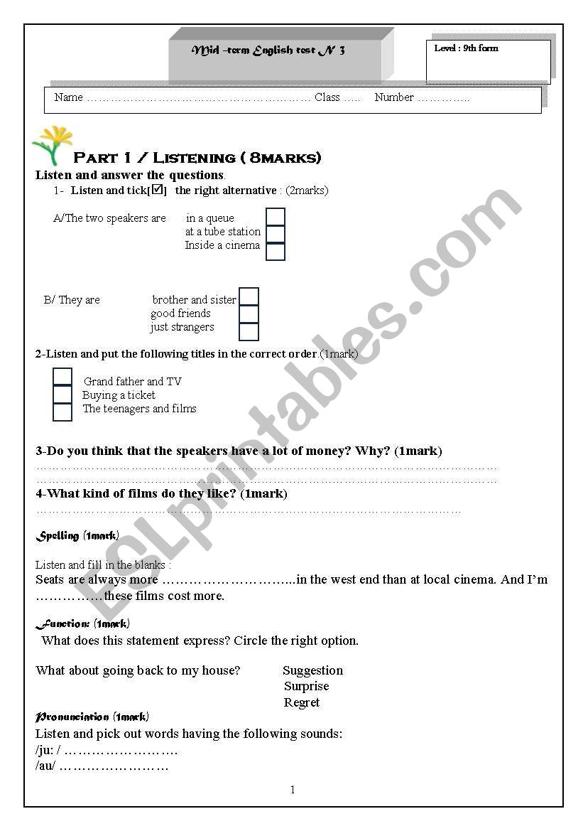 mid term test worksheet