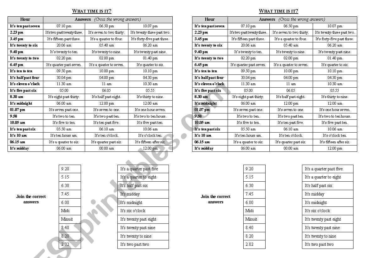 Time exercise worksheet