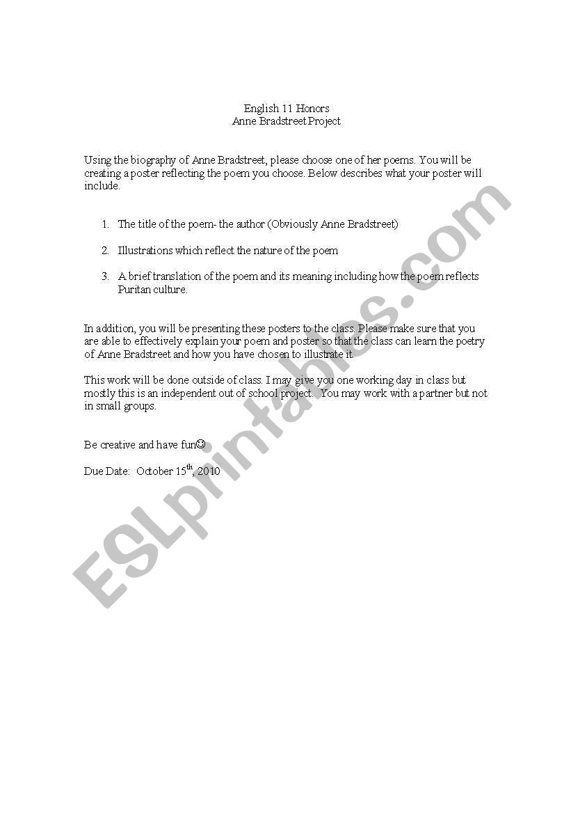 Anne Bradstreet Project worksheet