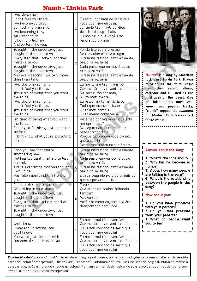 Song Numb LinKin Park worksheet