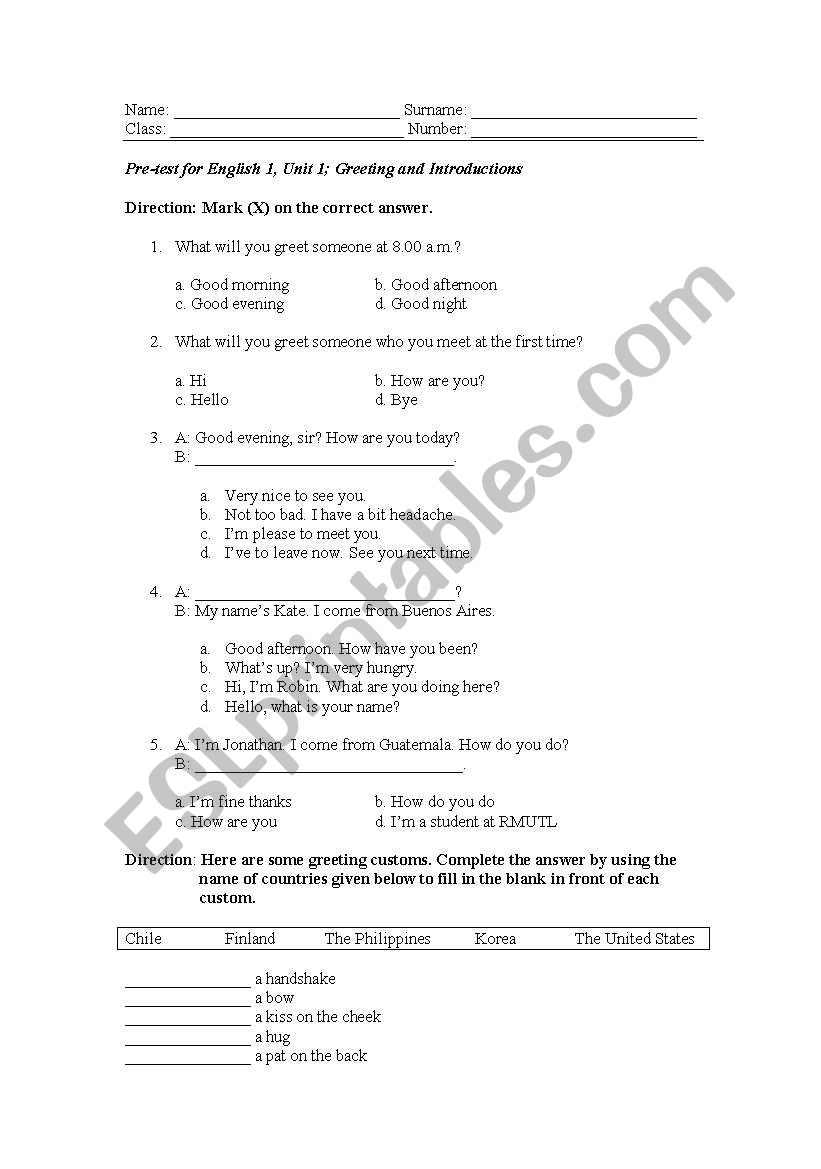 Greeting and Introductions worksheet