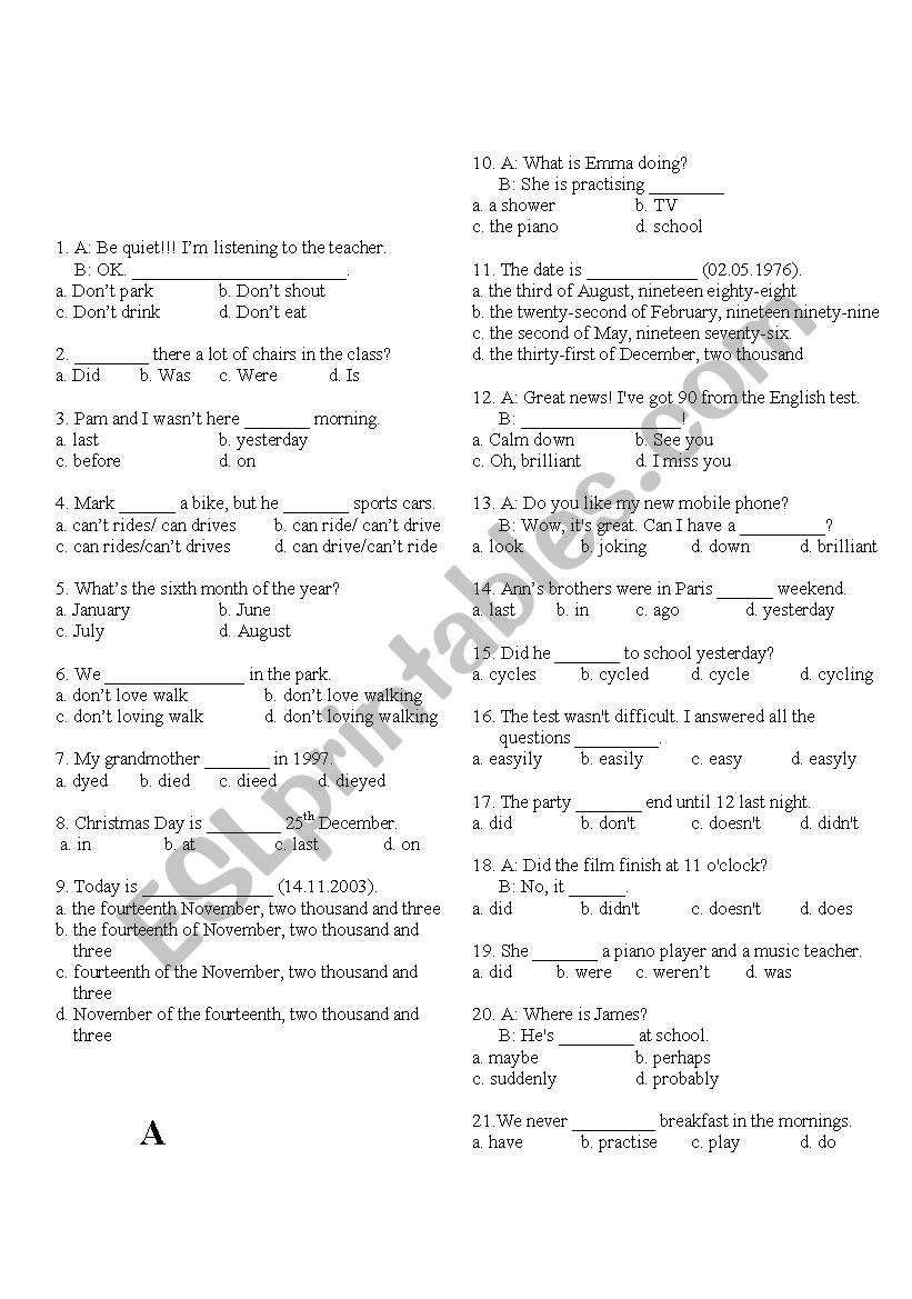 elementary revision  multiple choice