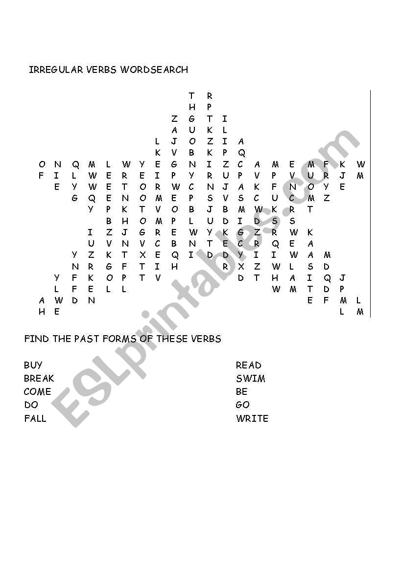 Irregular verbs wordsearch with key