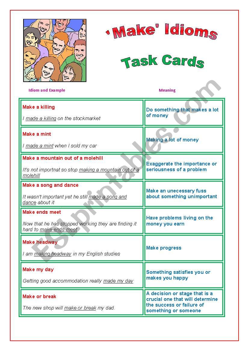 Make Idioms : Task Cards worksheet
