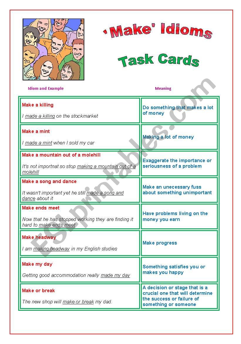 Â´MakeÂ´ Idioms : Task Cards worksheet
