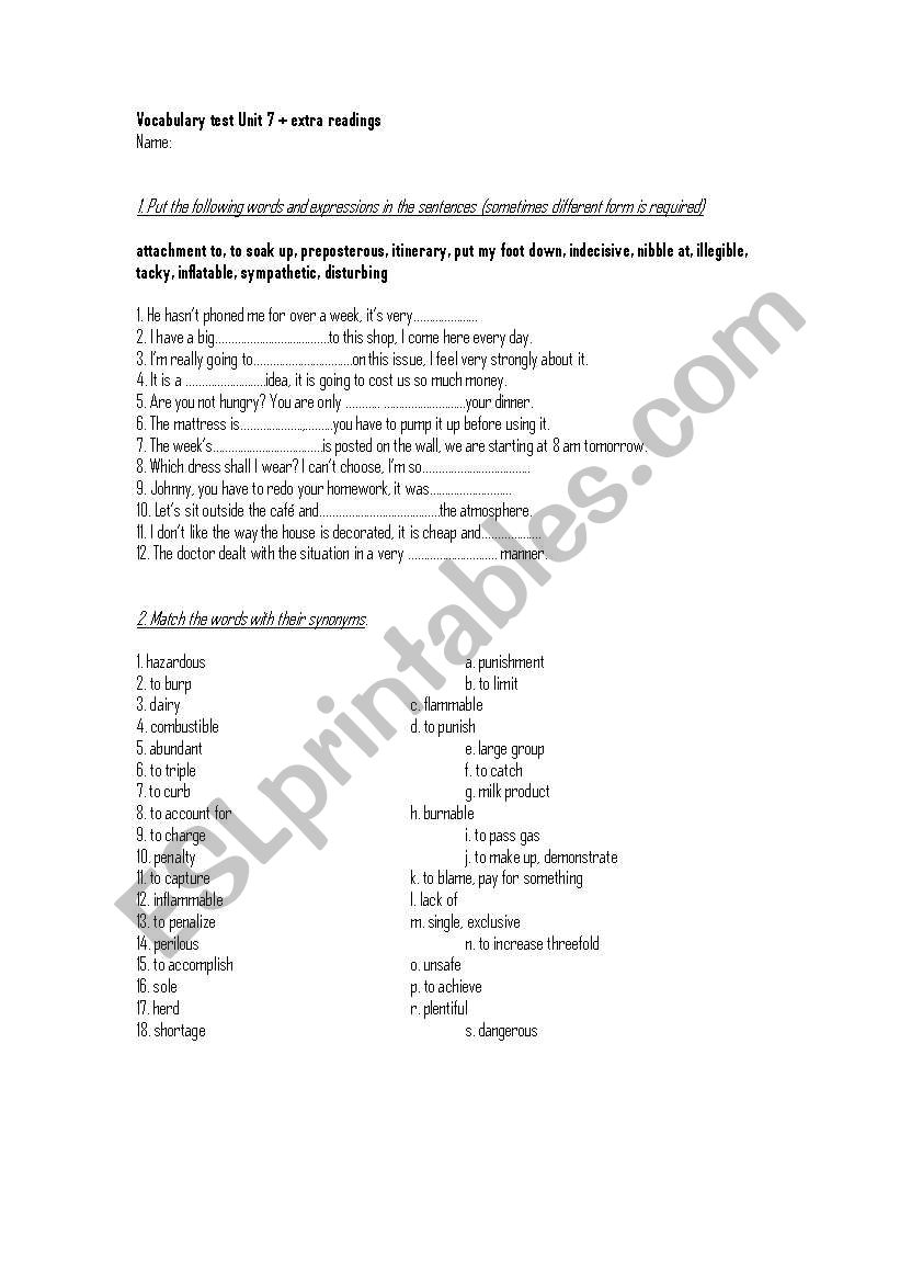 Vocabulary Test worksheet